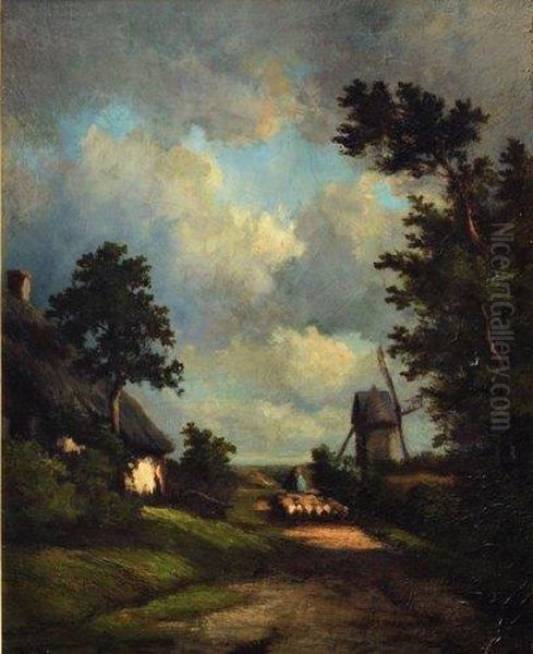 Paysage Au Troupeau Pres Du Moulin Oil Painting by Jules Dupre