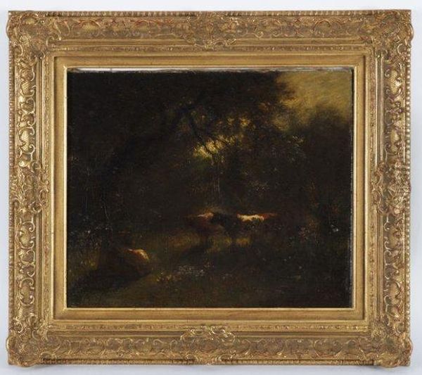 Boeufs Dans Les Bois Oil Painting by Jules Dupre