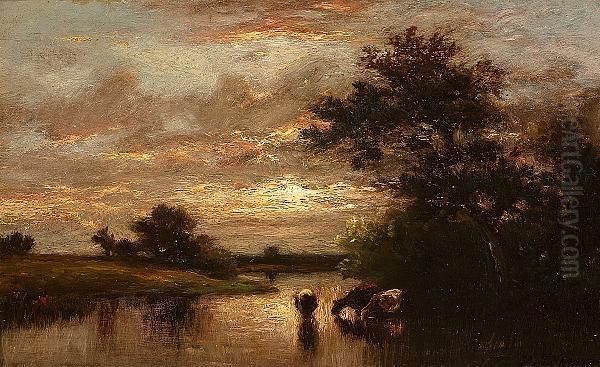 Cattle Watering At Sunset Oil Painting by Jules Dupre