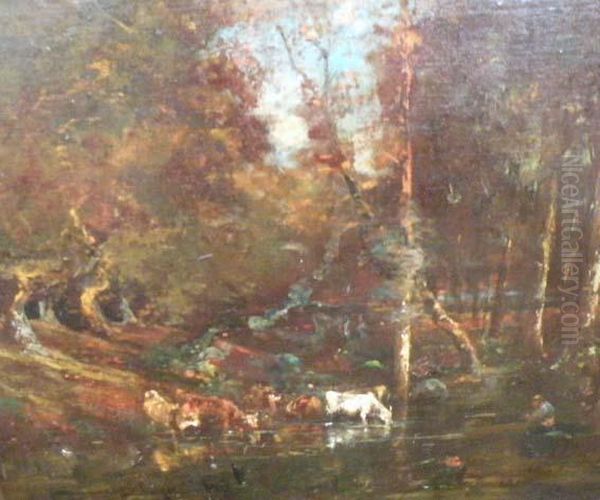 Les Vaches Au Point Deau Oil Painting by Jules Dupre