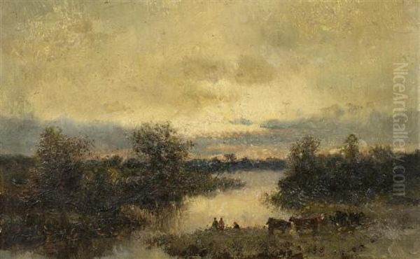 A River Landscape With Shepherds And Cows Oil Painting by Jules Dupre