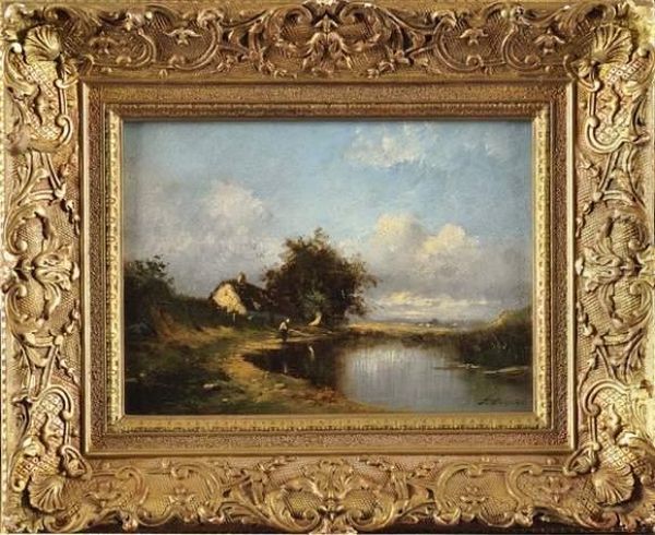 Pecheur En Bord De Riviere Oil Painting by Jules Dupre