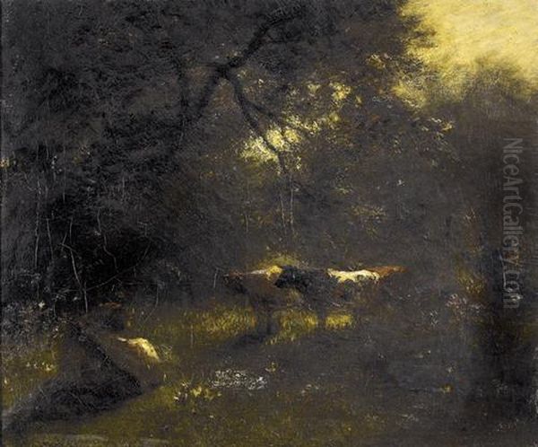 Waldlichtung Mit Kuhen. Oil Painting by Jules Dupre