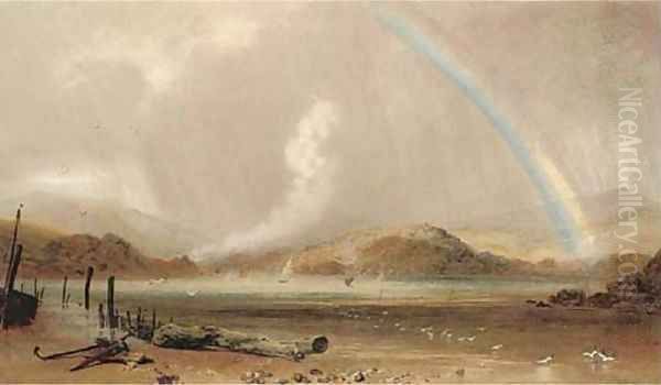 A rainbow over a Welsh estuary, a squall approaching Oil Painting by Peter de Wint