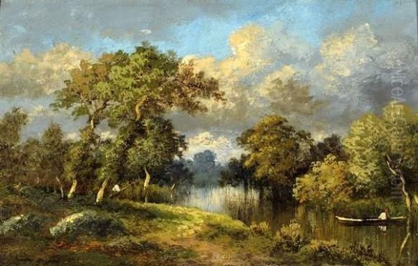 Paysage Au Pecheur Et A La Barque Oil Painting by Jules Dupre