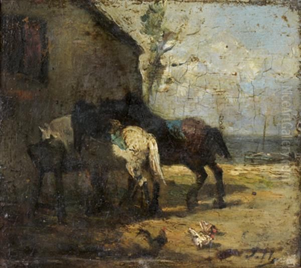 Chevaux De Trait Devant Un Bord De Mer Oil Painting by Jules Dupre