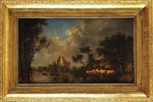 Chaumiere En Bord De Riviere Oil Painting by Jules Dupre