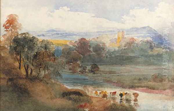 Great Mitton, Lancashire, from the Ribble, with Longridge Fell beyond Oil Painting by Peter de Wint