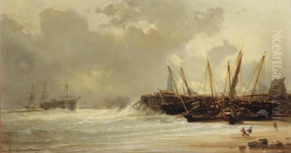 Fishing Vessels Moored On A Beach Oil Painting by Jean Baptiste Henri Durand-Brager