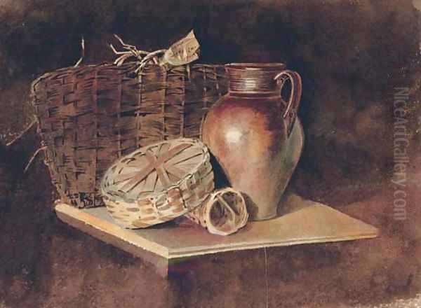 Still-life with a jug and wicker baskets Oil Painting by Peter de Wint