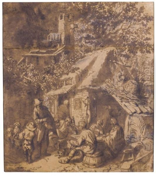 A Hurdy-gurdy Player With Peasants And Children Outside An Inn Oil Painting by Cornelis Dusart