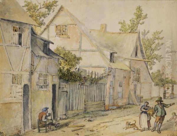 A Village Street, With A Family 
Of Peasants To The Right, And Another Seated To The Left, Drinking Oil Painting by Cornelis Dusart