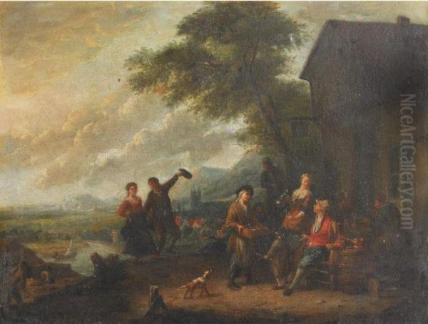 Gatherers Outside A Tavern Oil Painting by Cornelis Dusart