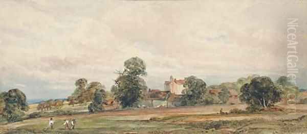 A landscape with harvesters in the foreground Oil Painting by Peter de Wint