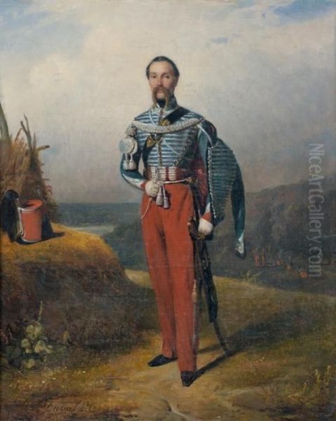 Portrait D'un Officier En Pied 
 Posant Devant Un Campement Militaire Oil Painting by Pierre Duval-Lecamus