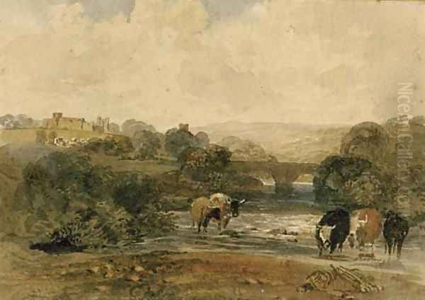 Cows beside the river, a castle on the hill beyond, in a rural landscape Oil Painting by Peter de Wint