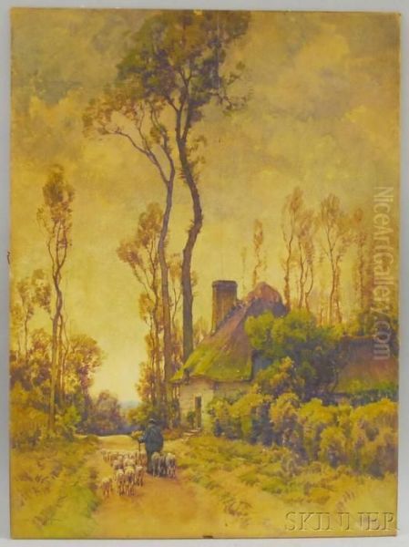 Man With Sheep Walking Down A Country Lane Oil Painting by Hezekiah Anthony Dyer