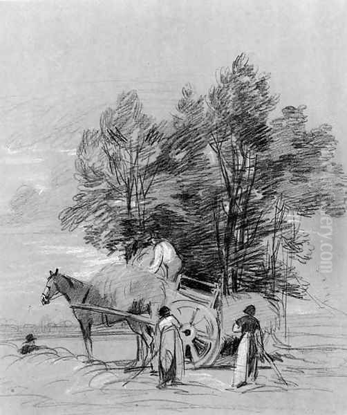 Figures loading a haycart, beneath a tree Oil Painting by Peter de Wint