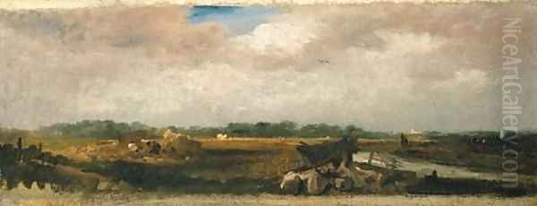 Haymaking with a distant view of Lincoln Oil Painting by Peter de Wint