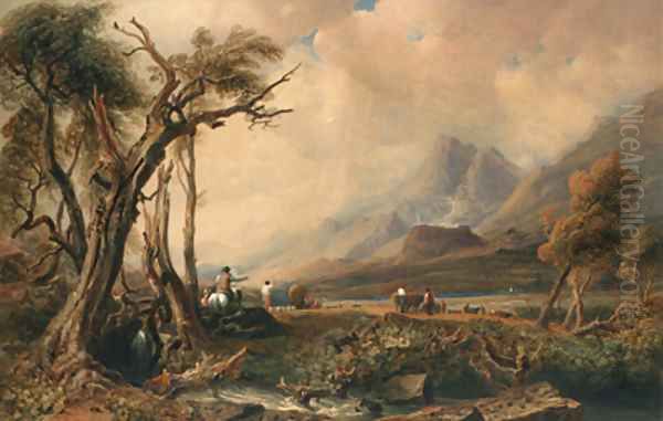 An extensive Cumbrian landscape with drovers and cattle Oil Painting by Peter de Wint