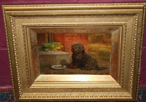 Study Of A Terrier And An Amazon Green Parrot Before A Bone On A Plate Oil Painting by Maud Earl