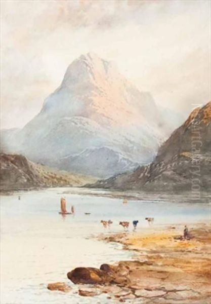 Cattle And Fishermen At A Loch Oil Painting by Edwin Earp