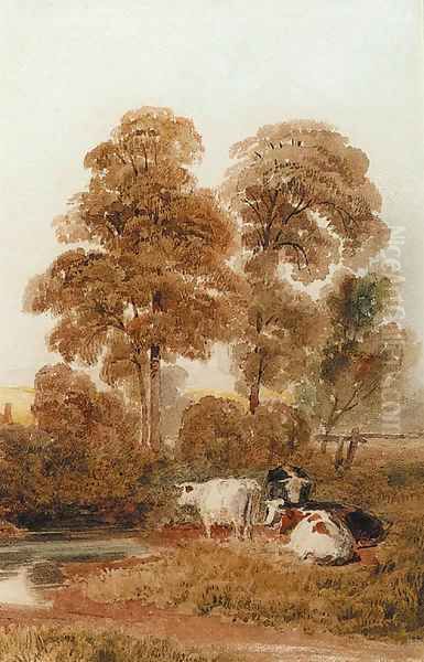 Cattle by a stream in a wooded landscape, near Cookham, Berkshire Oil Painting by Peter de Wint