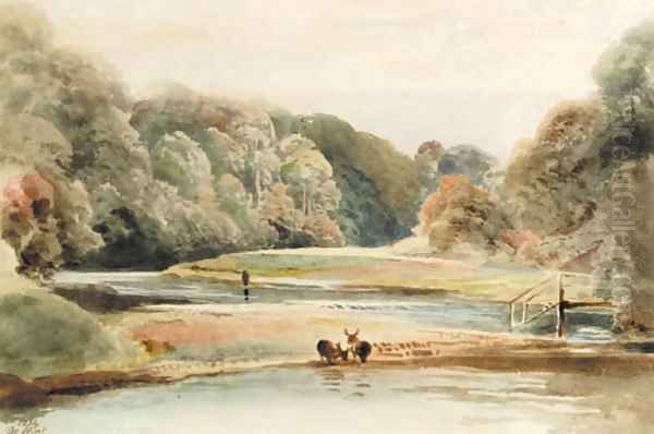 River landscape with deer drinking at the water's edge, near Sackbridge Hall and the High Park, Lowther Oil Painting by Peter de Wint