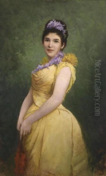 Lady In A Yellow Dress And Lilacs In Her Hair Oil Painting by Adolf Echtler