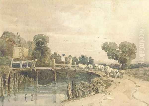 Shepherd and flock on a bridge, near Newark Oil Painting by Peter de Wint