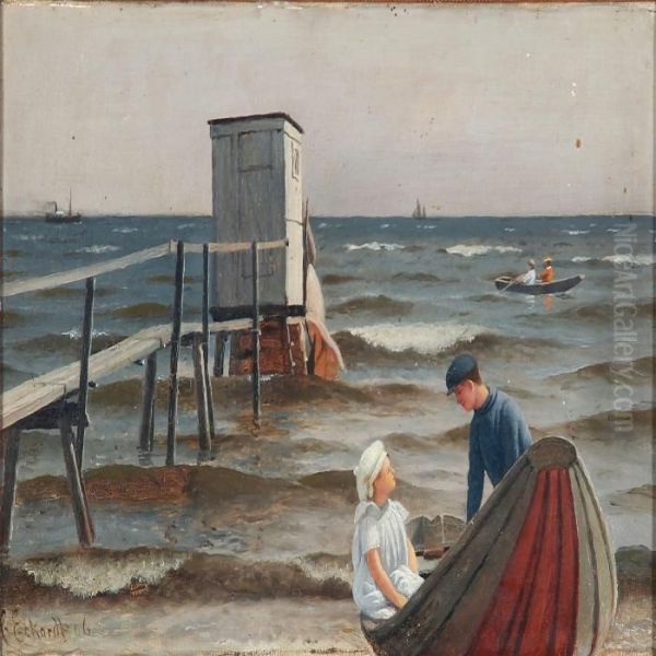 Coastal Scene With A Boy And A Girl On The Way Out To Sea Oil Painting by Christian Eckardt