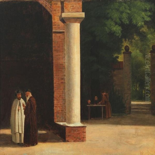 Monastery With Two Conversation Monks And Monks Around A Table Oil Painting by Christoffer Wilhelm Eckersberg