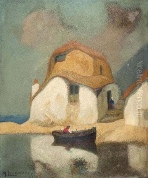 Houses With Boat Oil Painting by Michalis Economou