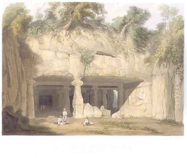 Exterior of the Great Cave Temple of Elephanta, near Bombay, in 1803, from Volume II of Scenery, Costumes and Architecture of India, engraved by S.G. Hughes, pub. by Smith, Elder and Company, 1830 Oil Painting by William Westall