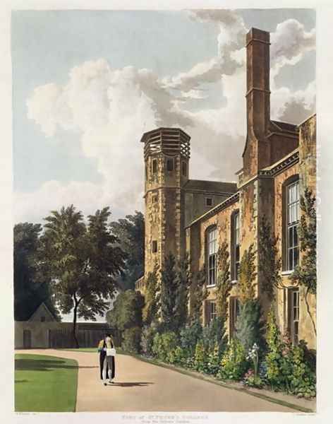 Part of St. Peters College (Peterhouse) from the Private Garden, Cambridge, from 'The History of Cambridge', engraved by Joseph Constantine Stadler (fl.1780-1812), pub. by R. Ackermann, 1815 Oil Painting by William Westall