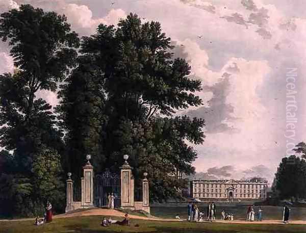 Entrance to the Avenue from Clare Hall Piece (the New Building of Kings), Cambridge, from The History of Cambridge, engraved by Joseph Constantine Stadler (fl.1780-1812), pub. by R. Ackermann, 1815 Oil Painting by William Westall