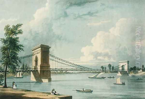 Suspension Bridge, Hammersmith, from Ackermann's Microcosm of London, engraved by J. Baily, 1828 Oil Painting by William Westall