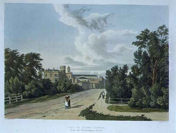 View of Rugby School from the Northampton Road, from History of Rugby School, part of 'History of the Colleges', engraved by Daniel Havell (1785-1826) pub. by R. Ackermann, 1816 Oil Painting by William Westall