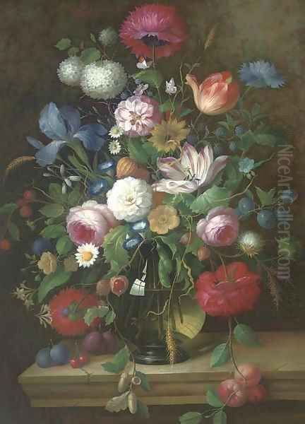 An impressive still life of flowers on a stone ledge Oil Painting by Thomas Webster