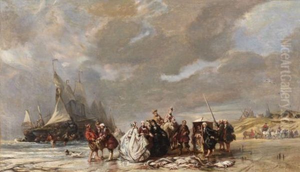 Retour De Peche Sur La Plage De Scheveningen Oil Painting by Eugene Isabey