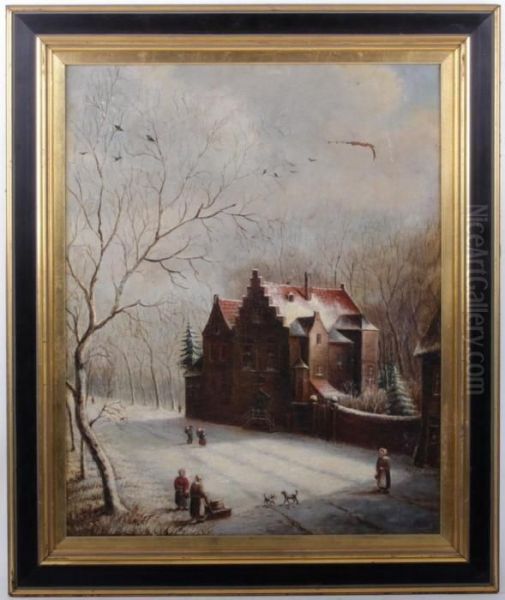 A Winter Scene With Figures And Dogs Oil Painting by Adrianus Eversen