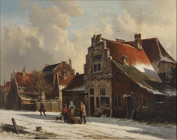 A Dutch Village In Winter Oil Painting by Adrianus Eversen