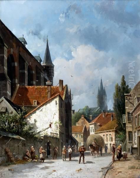 Zonnige Dag In Een Straat Bij De Kerk Oil Painting by Adrianus Eversen