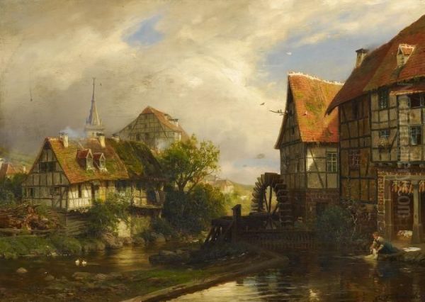 View Of A Town With A Watermill Oil Painting by Carl Ludwig Fahrbach