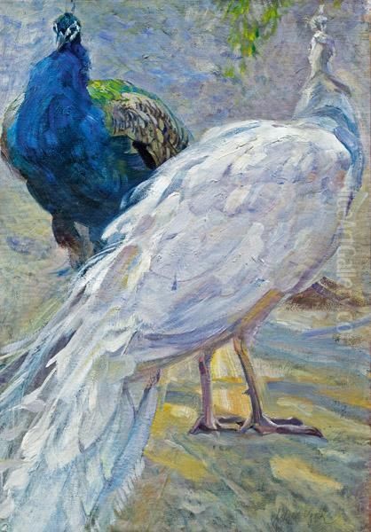 Weisser Und Blauer Pfau Oil Painting by Carl Fahringer