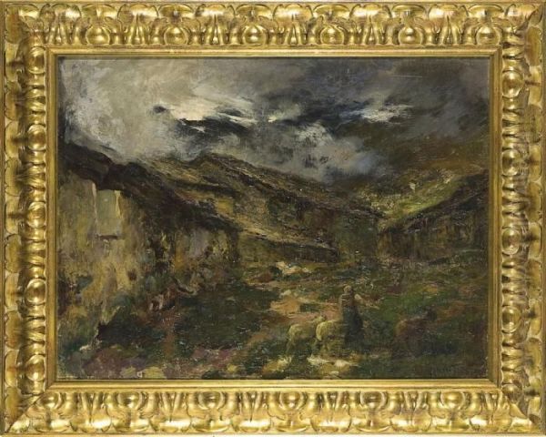 Paesaggio Montano Con Pastorella E Pecora Oil Painting by Giuseppe Falchetti