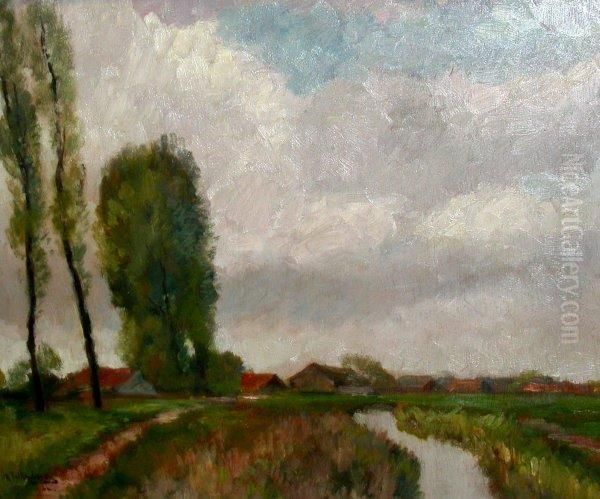 Landschaft Mit Hohen Pappeln Und Blick Auf Ein Dorfchen Oil Painting by Richard Falkenberg