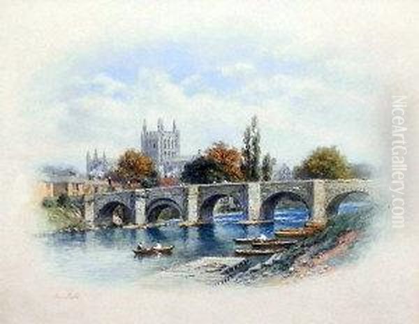 View Of A Bridge With A Cathedral In The Distance Oil Painting by George Fall