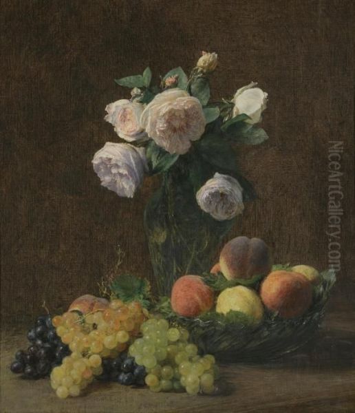 Nature Morte: Vase De Roses, Peches Et Raisins Oil Painting by Ignace Henri Jean Fantin-Latour