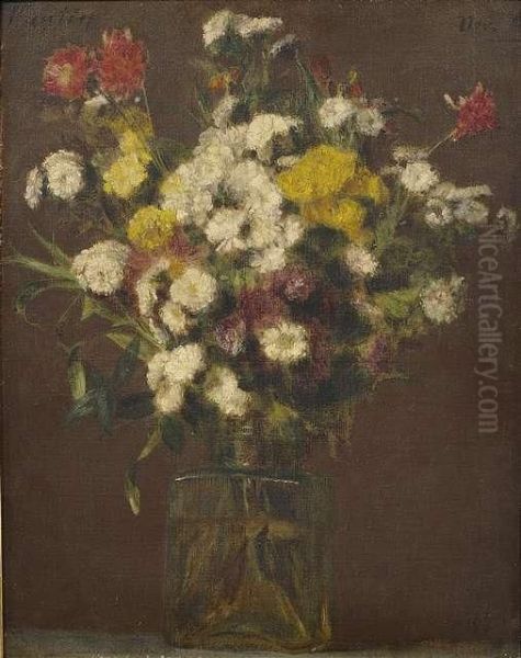 Stilleben Mit Bunten Sommerblumen In Einer Glasvase Vor Dunklem Hintergrund Oil Painting by Ignace Henri Jean Fantin-Latour